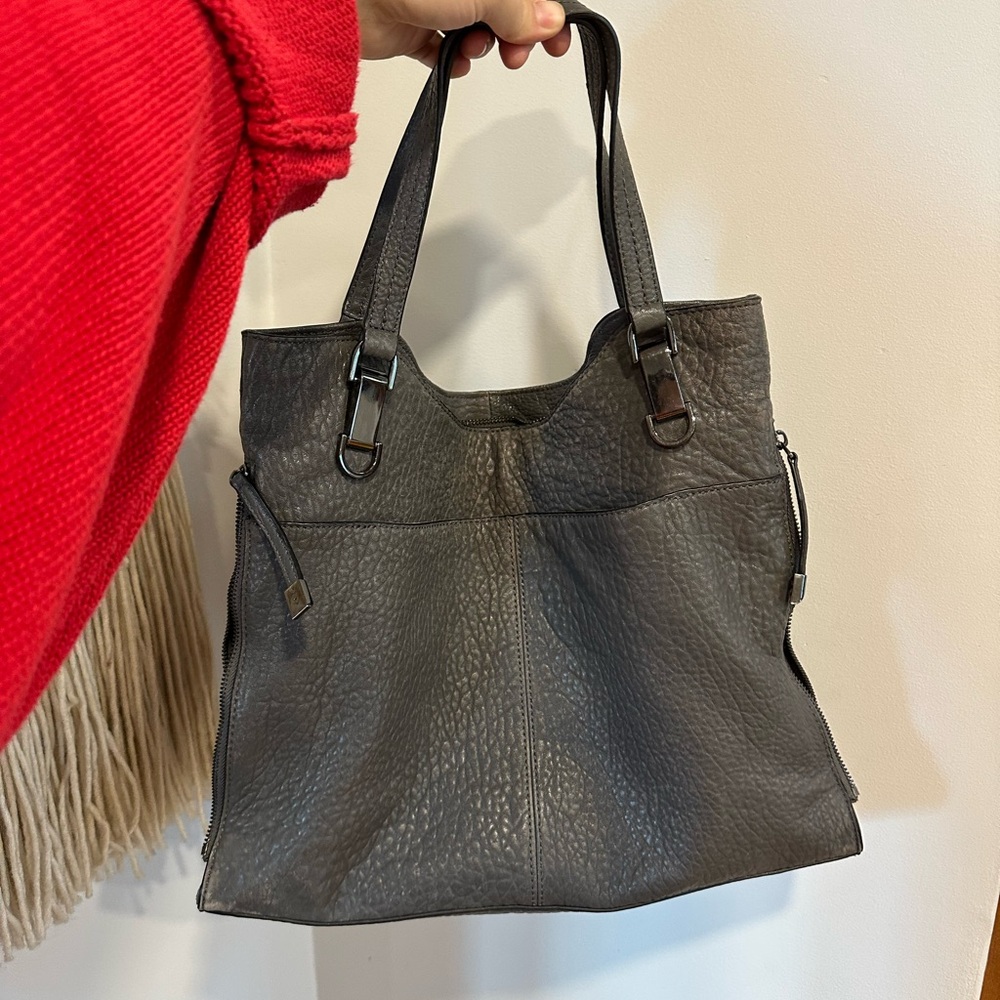 Gray Genuine Pebbled Leather Tote Bag Preppy Modern Work Vince Camuto Eliza